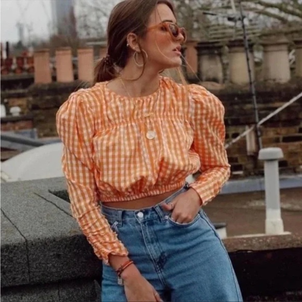 Zara Orange Gingham Cropped Long Sleeve Top